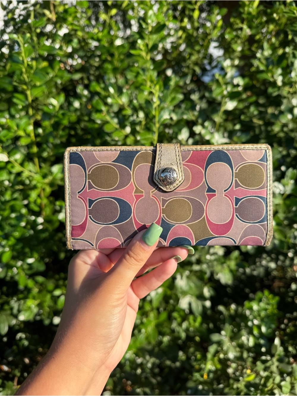Coach Multicolor Signature Card Holder Wallet in Pink, Olive & Navy